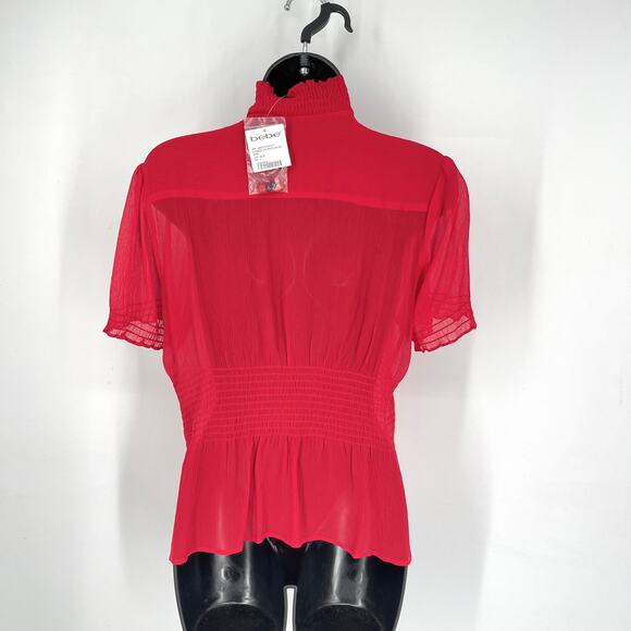 Bebe NEW Silk Flower Detail Puff Sleeve Peplum Blouse L Red Beads Smocked Sheer - Picture 5 of 9